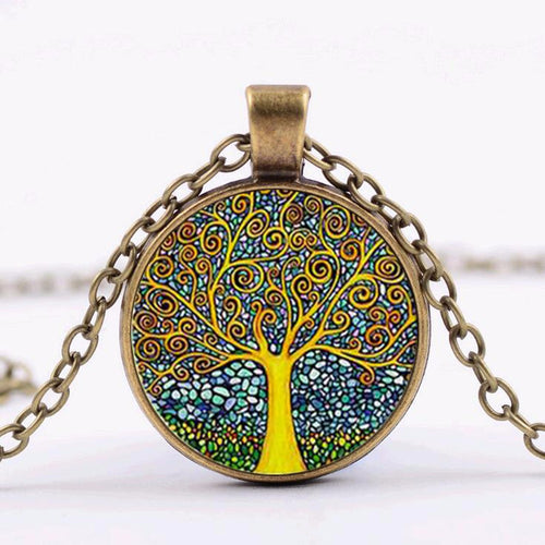 1 PC Retro Vintage Women Lady Girl Tree of Life Cabochon Bronze Glass Chain Pendant Necklace Newest Jewelry