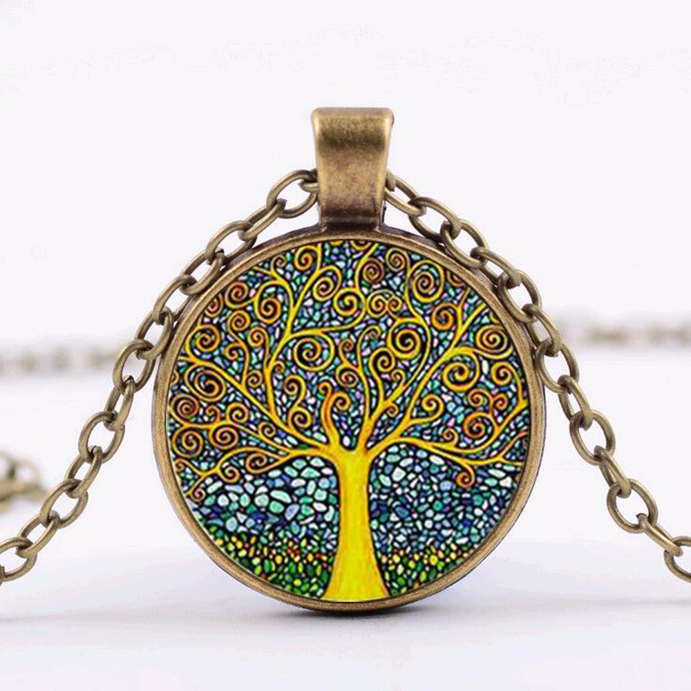 1 PC Retro Vintage Women Lady Girl Tree of Life Cabochon Bronze Glass Chain Pendant Necklace Newest Jewelry