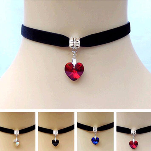 1 PCS Unisex Women Men Lover Gothic Velvet Heart Crystal Choker Handmade Necklace Pendant Torques Retro 80 90s New Jewelry
