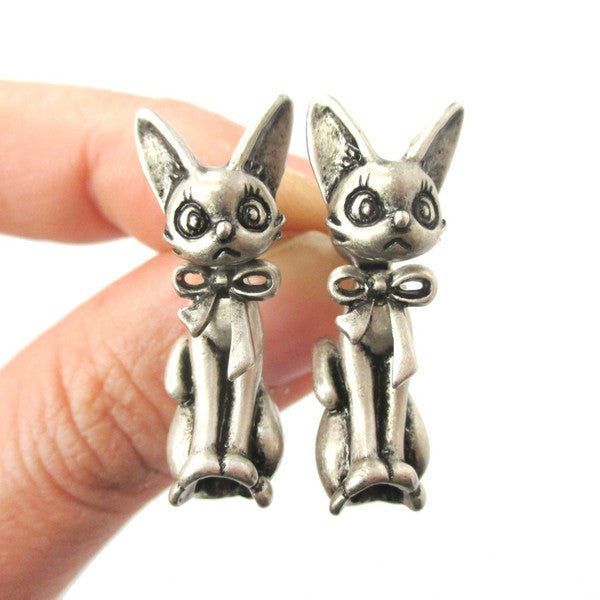 10pcs/lot 2015 Fashion Antique Bronze and Silver 3D Kitty Cat Two Part Front and Back Animal Earrings for Women S-083