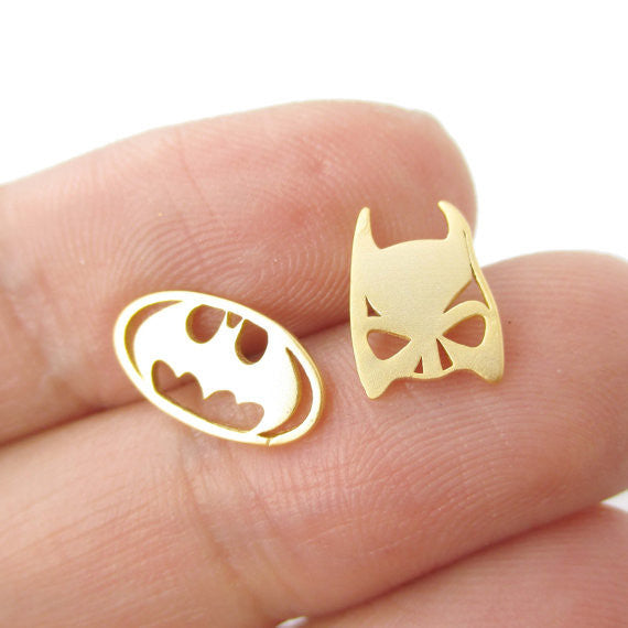 10pcs/lot Batman Themed Bat Mask and Logo 2015 Stud Earrings Gold Silver Rose Gold Super Heroes Simple Wholesale Ear Studs E076