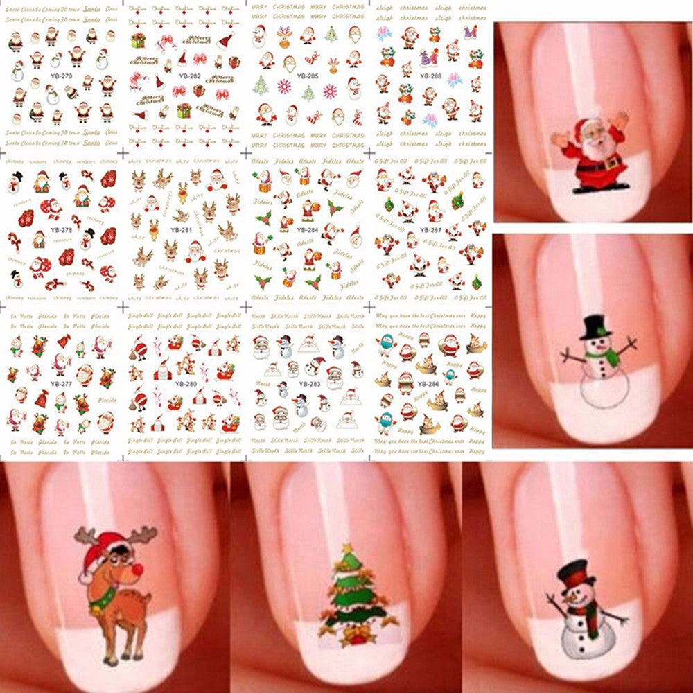 12 Sheet Christmas 3D Nail Art Stickers Snowflakes & Cute Snowmen Nail Decals