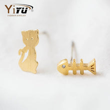 1PC Gold&Silver&Rose Gold Plated Cat and Fish Bone Stud Post Earring For Women Simple Cute Animal Ear Stud E053