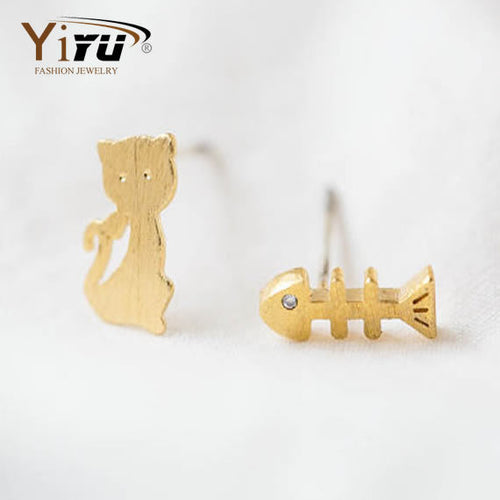 1PC Gold&Silver&Rose Gold Plated Cat and Fish Bone Stud Post Earring For Women Simple Cute Animal Ear Stud E053