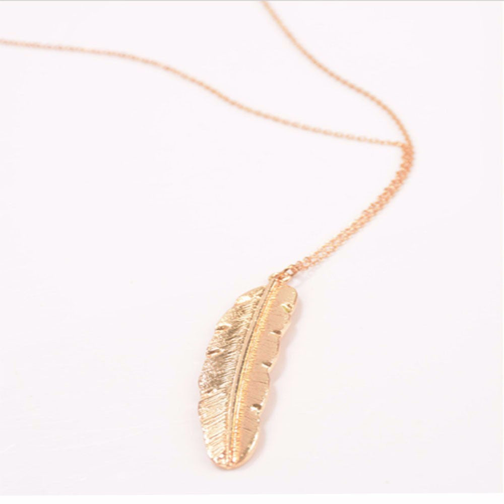 1pc fashion womens vintage long necklace jewelry silver gold plated simple feather pendant necklaces colar Free shiping