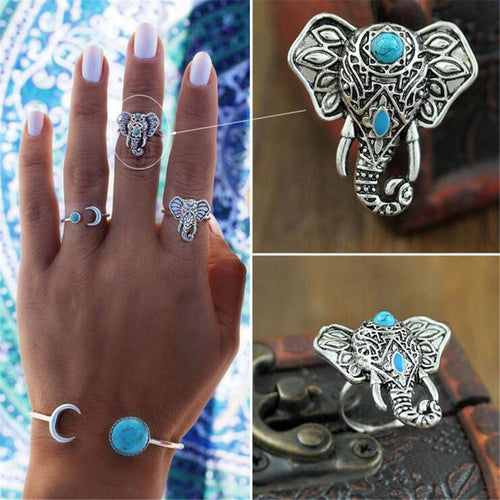 1set /6PCS Vintage Beach Punk Elephant Moon Arrow Midi Ring Set Ethnic Carved Antique Silver Bohemian Ring Knuckle Charm anillos
