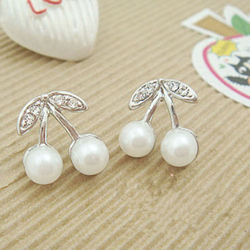 2015 New Arrival Hot Sale Fashion Lovely Crystal Rhinestone Cherry Pearl Stud Earrings Women Jewelry Wholesale