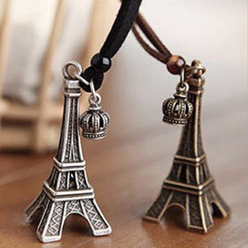 2015 New Classic Crown Pendant Necklaces Women Jewelry Collares Mujer Vintage Eiffel Tower Leather Cord Necklace Sweater Chain