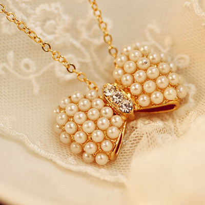 2015 hot New Design Fashion Romantic Elegant Charm Simple Popular crystal pearl bow pendant necklace Statement jewelry for women
