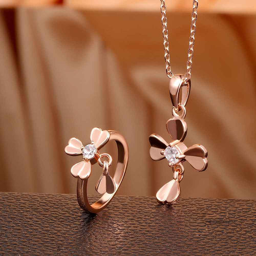18k gold plated jewelry set clover necklace+ring bijoux SKGS037