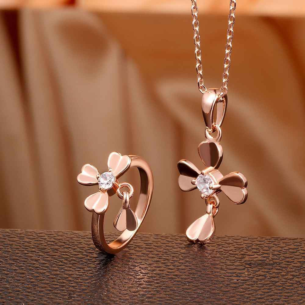 18k gold plated jewelry set clover necklace+ring bijoux SKGS037